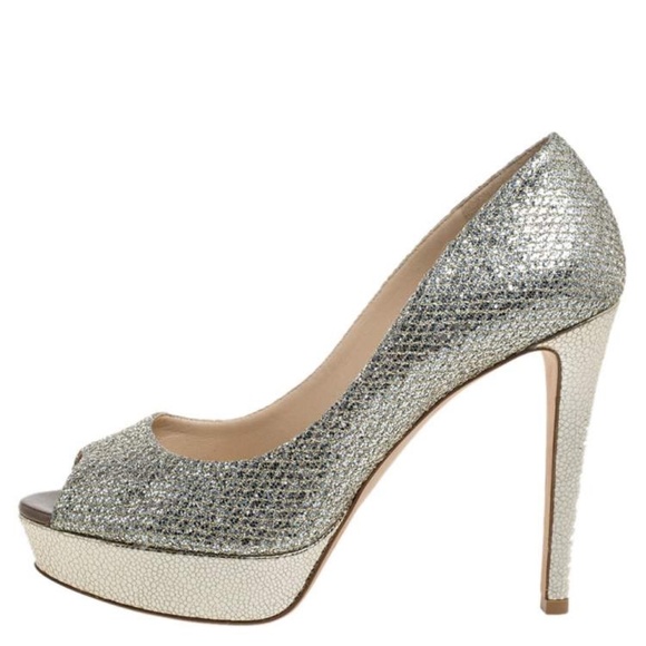 Jimmy Choo Luna Gold Glitter Peep Toe Platform High Heel Pumps EU 40 US 8.5-10 - Picture 1 of 9